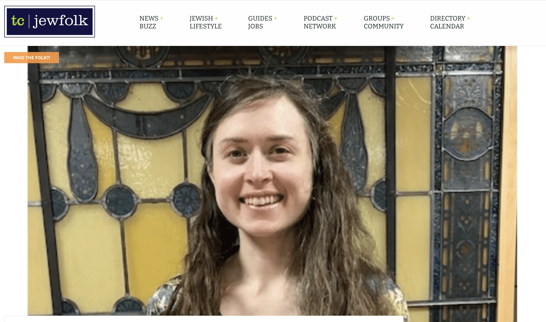 A screenshot from the "Who The Folk?!" podcast website featuring a portrait of Rabbi Eva Cohen smiling. The page includes the "tc | jewfolk" logo, navigation menus for news and podcast networks, and an orange "Who The Folk?!" badge.
