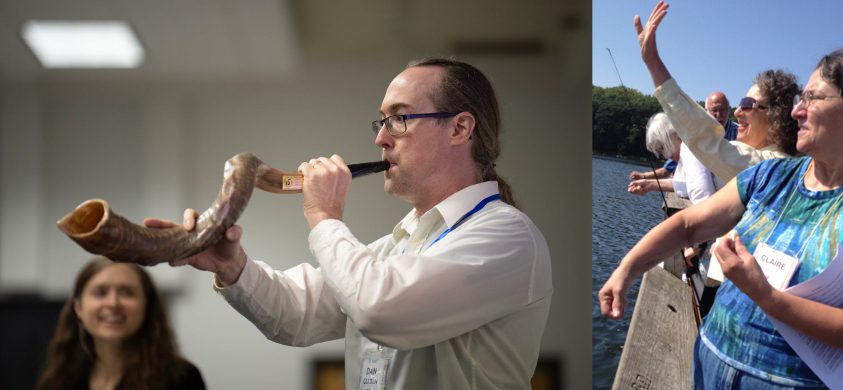 Rabbi, shofar player, and people performing Tashlich ritual