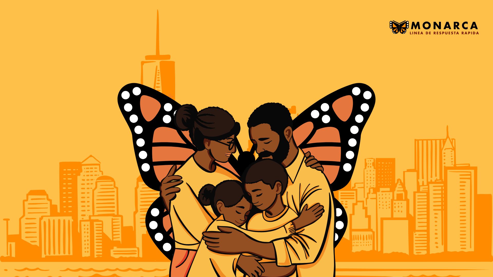 Monarca logo with two adults, two children and a large butterfly behind them.