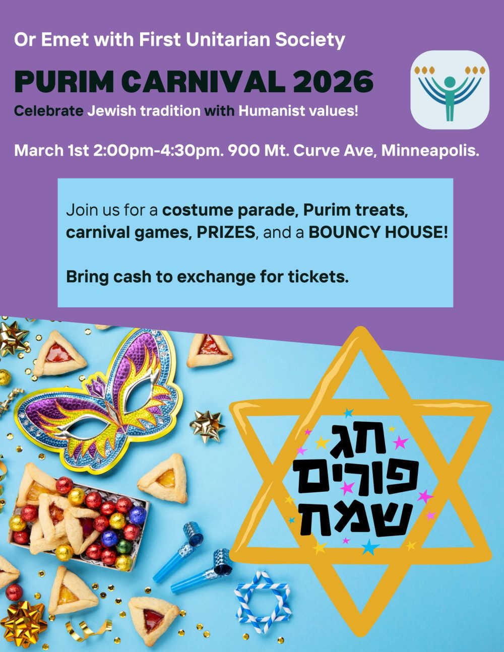 Or Emet and First Unitarian Society of Minneapolis to Host Purim Carnival March 1